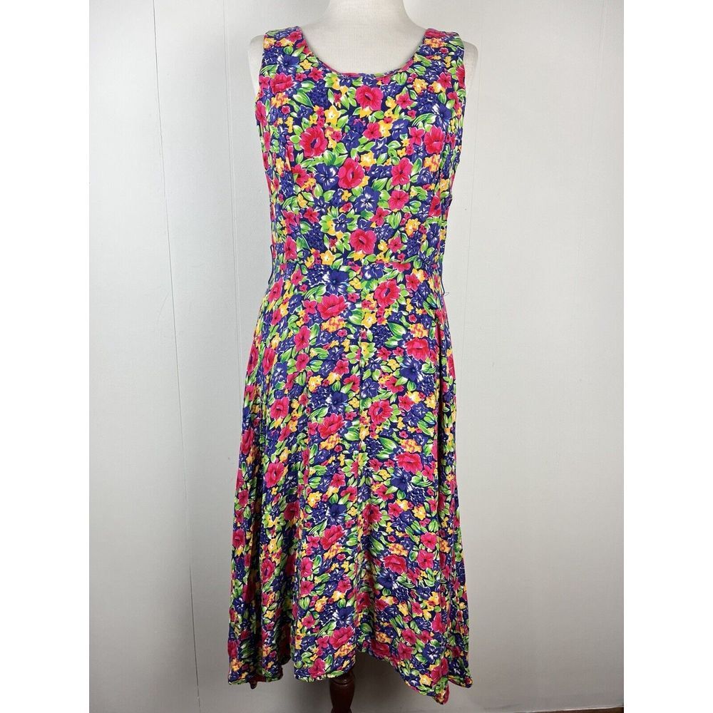 Vintage S. Roberts 90s Bright Floral Sleeveless Maxi Dress Rayon‎ Womens Size 10